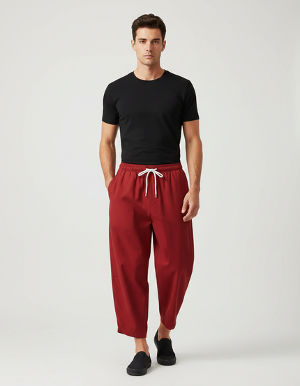 Pantalon Chinois Rouge Ample Cordon Décontracté Homme - Coton
