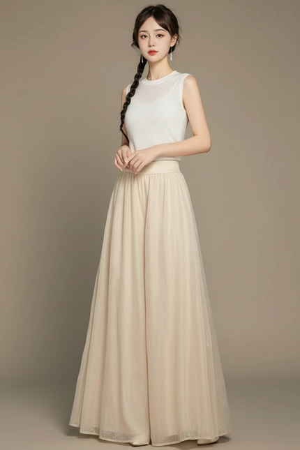Pantalon Chinois Beige Tulle Ample Long Élégant - Polyester