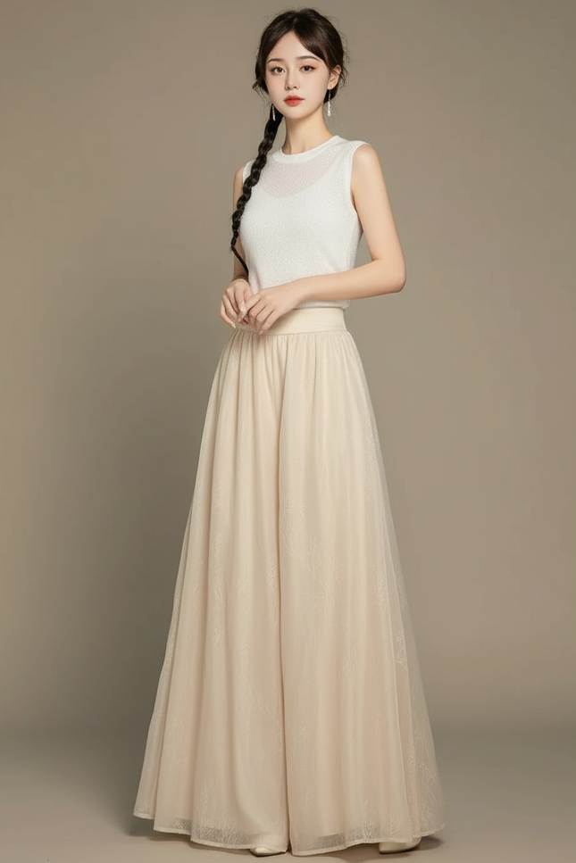 Pantalon Chinois Beige Tulle Ample Long Élégant - Polyester