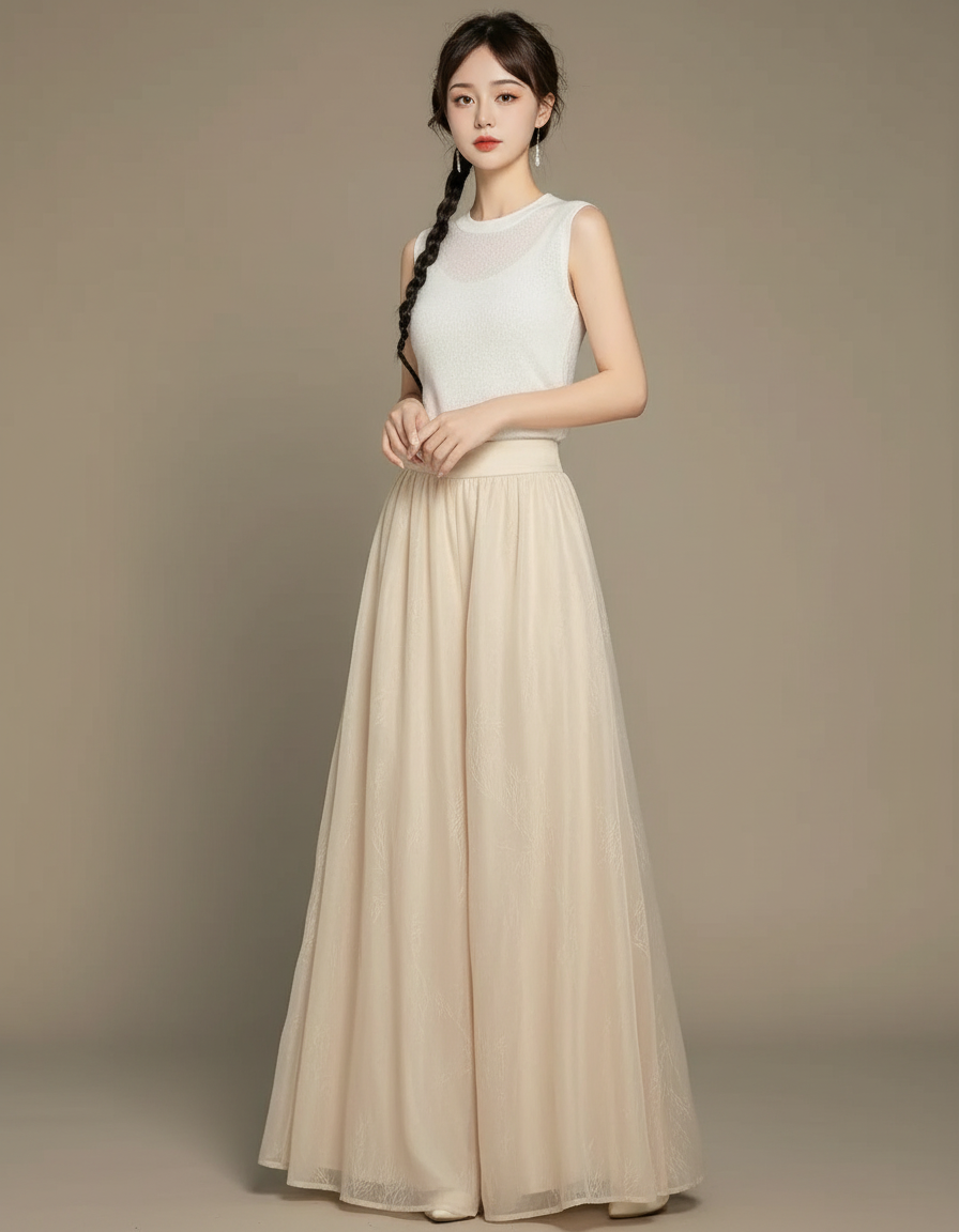 Pantalon Chinois Beige Tulle Ample Long Élégant - Polyester