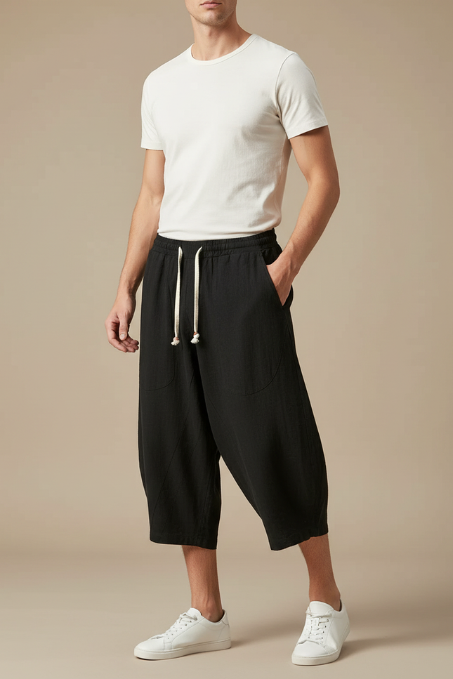 Pantalon Chinois Lin Coton Ample Harem Noir Homme