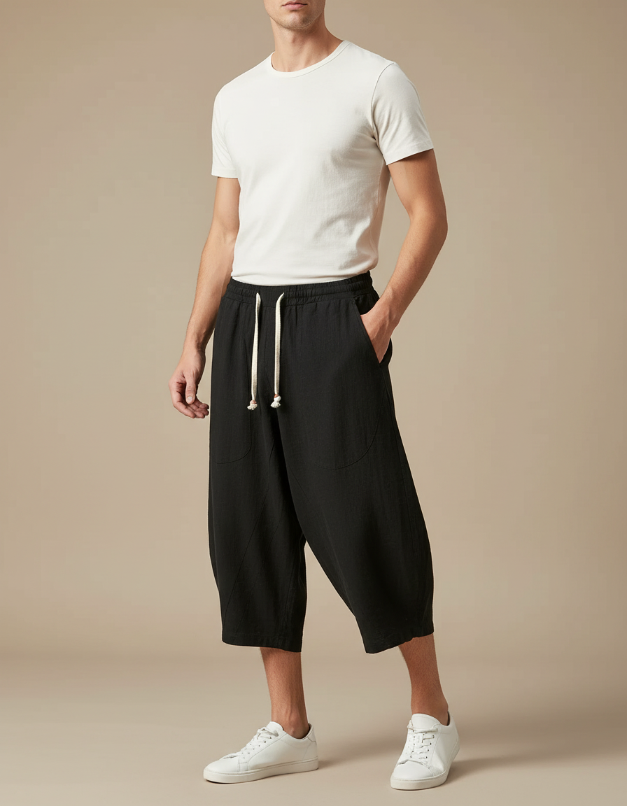 Pantalon Chinois Lin Coton Ample Harem Noir Homme