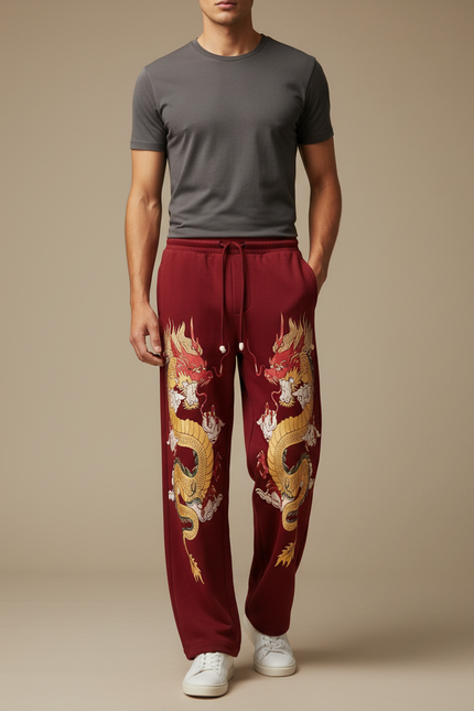 Pantalon Chinois Rouge Dragon Ample Cordon Décontracté - Bordeaux Molleton