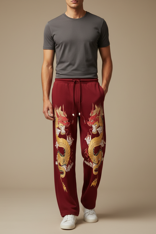 Pantalon Chinois Rouge Dragon Ample Cordon Décontracté - Bordeaux Molleton
