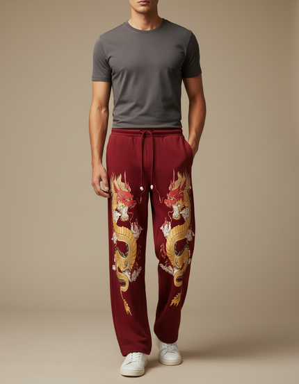 Pantalon Chinois Rouge Dragon Ample Cordon Décontracté - Bordeaux Molleton