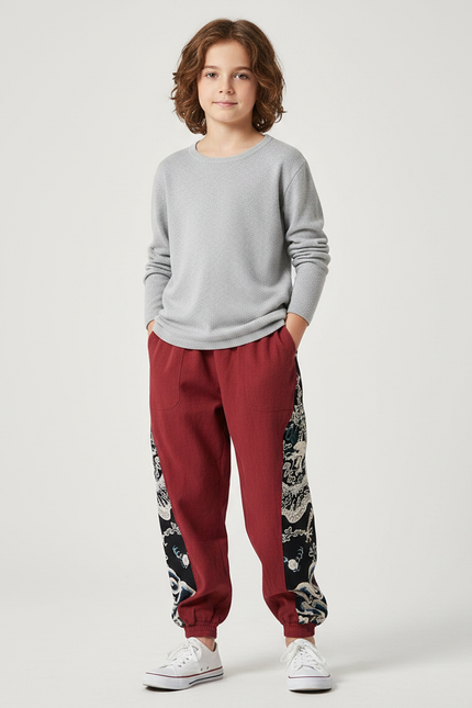 Pantalon Chinois Rouge Coton Ample Dragon Garçon - Bordeaux