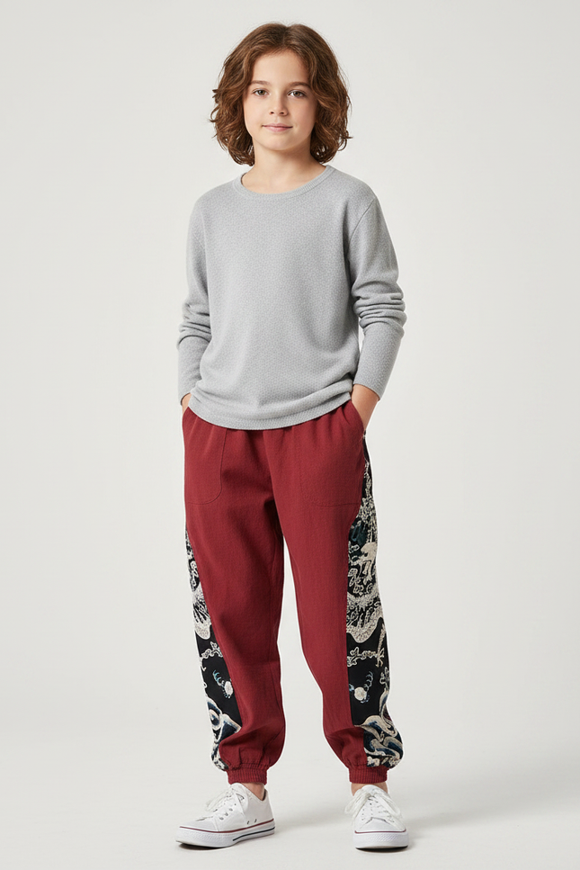 Pantalon Chinois Rouge Coton Ample Dragon Garçon - Bordeaux