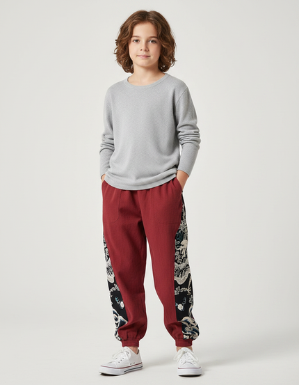 Pantalon Chinois Rouge Coton Ample Dragon Garçon - Bordeaux
