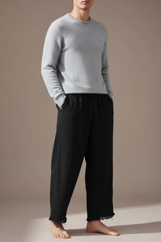 Pantalon Chinois Noir Ample Coton Lin Froissé Décontracté