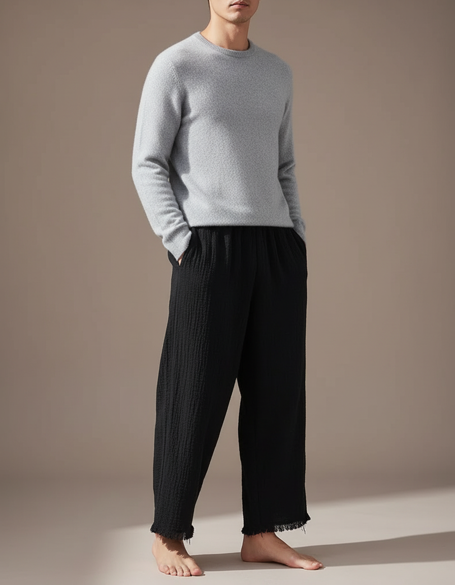 Pantalon Chinois Noir Ample Coton Lin Froissé Décontracté