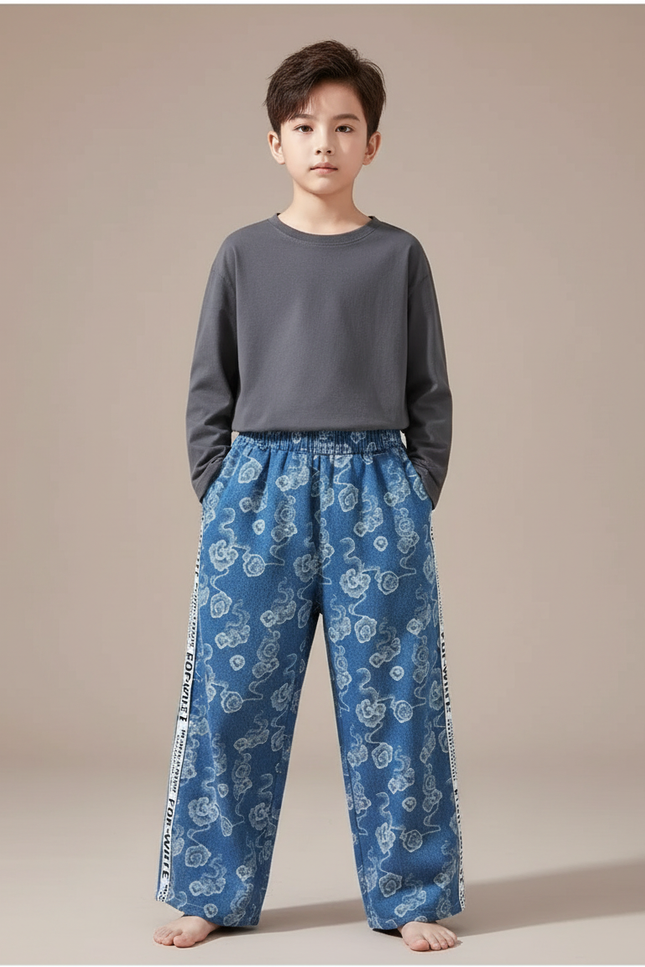 Pantalon Chinois Denim Imprimé Nuages Ample Décontracté Garçon - Jean