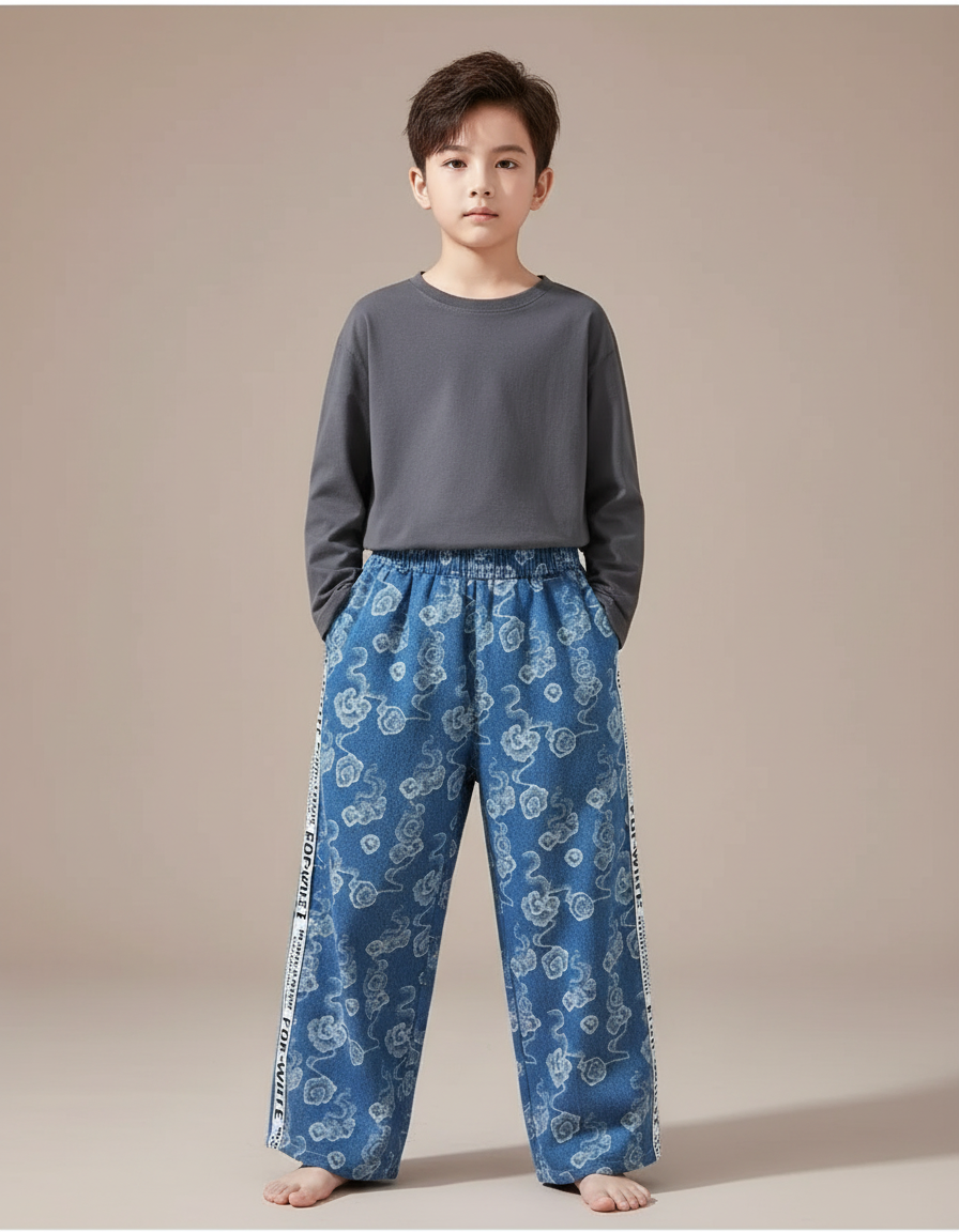 Pantalon Chinois Denim Imprimé Nuages Ample Décontracté Garçon - Jean