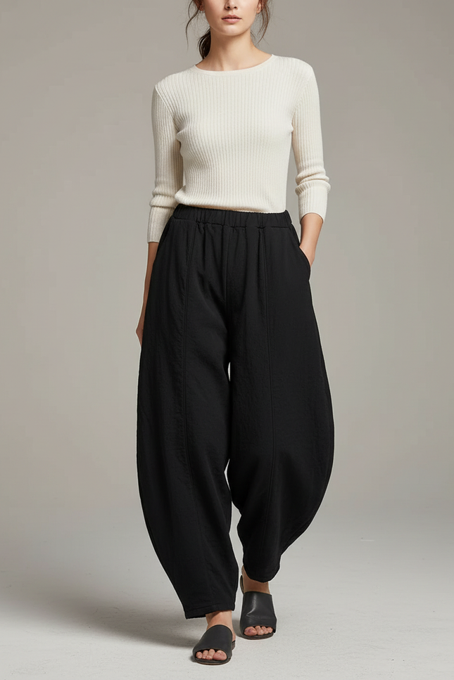 Pantalon Chinois Noir Ample Coton Lantern Femme