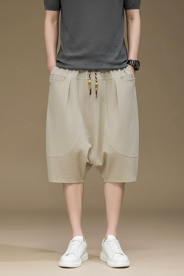 Pantalon Chinois Coton Lin Harem Beige Ample