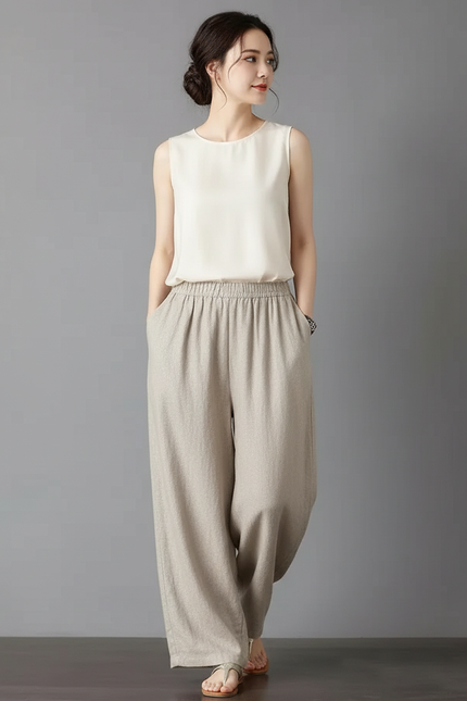 Pantalon Chinois Beige Ample Coton Fluide Femme - Lin