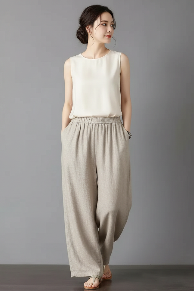 Pantalon Chinois Beige Ample Coton Fluide Femme - Lin