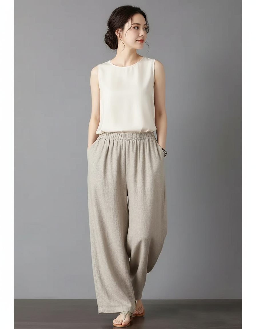 Pantalon Chinois Beige Ample Coton Fluide Femme - Lin