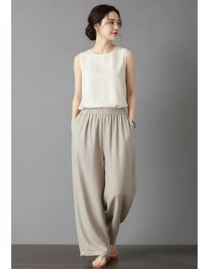Pantalon Chinois Beige Ample Coton Fluide Femme - Lin