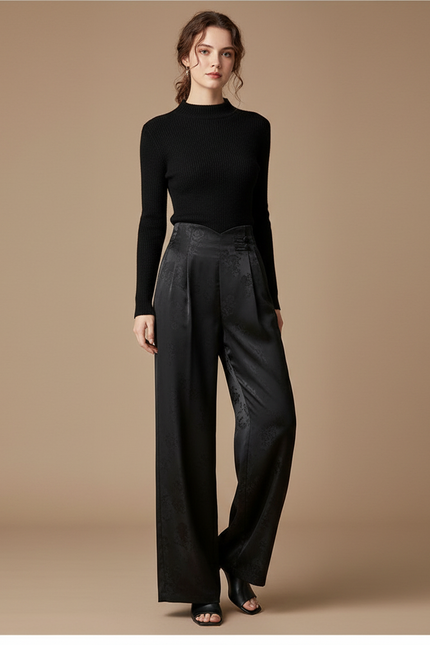 Pantalon Chinois Noir Jacquard Ample Fluide Élégant - Satin
