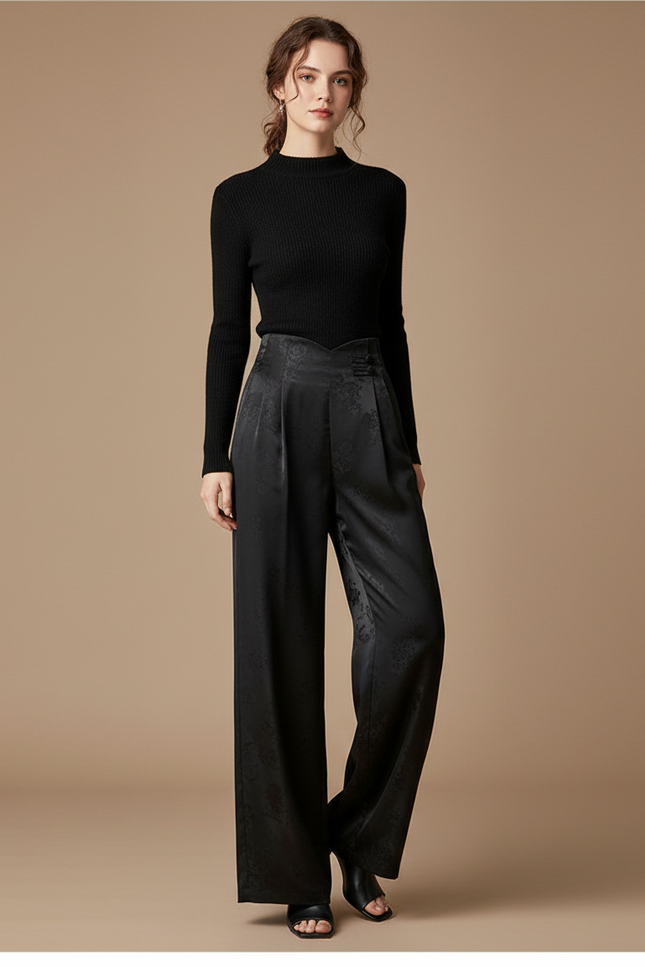 Pantalon Chinois Noir Jacquard Ample Fluide Élégant - Satin