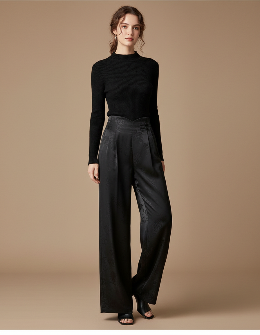 Pantalon Chinois Noir Jacquard Ample Fluide Élégant - Satin