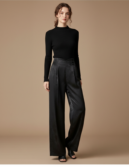Pantalon Chinois Noir Jacquard Ample Fluide Élégant - Satin