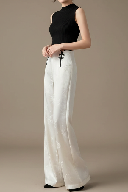 Pantalon Chinois Blanc Jacquard Fluide Élégant Femme - Soie