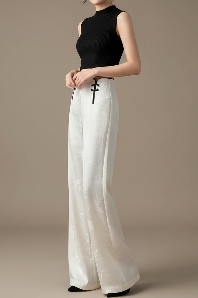 Pantalon Chinois Blanc Jacquard Fluide Élégant Femme - Soie