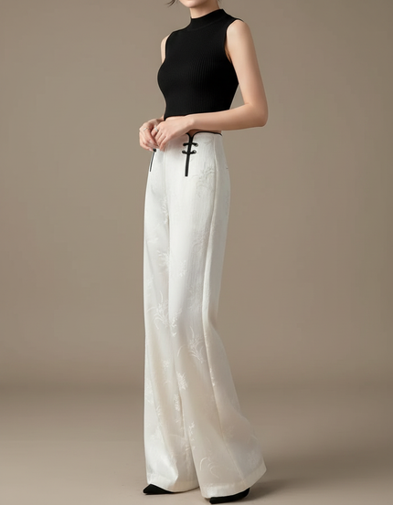 Pantalon Chinois Blanc Jacquard Fluide Élégant Femme - Soie