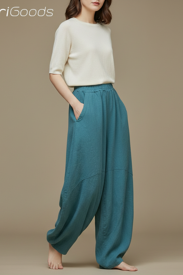 Pantalon Chinois Ample Coton Lin Bleu Canard Décontracté