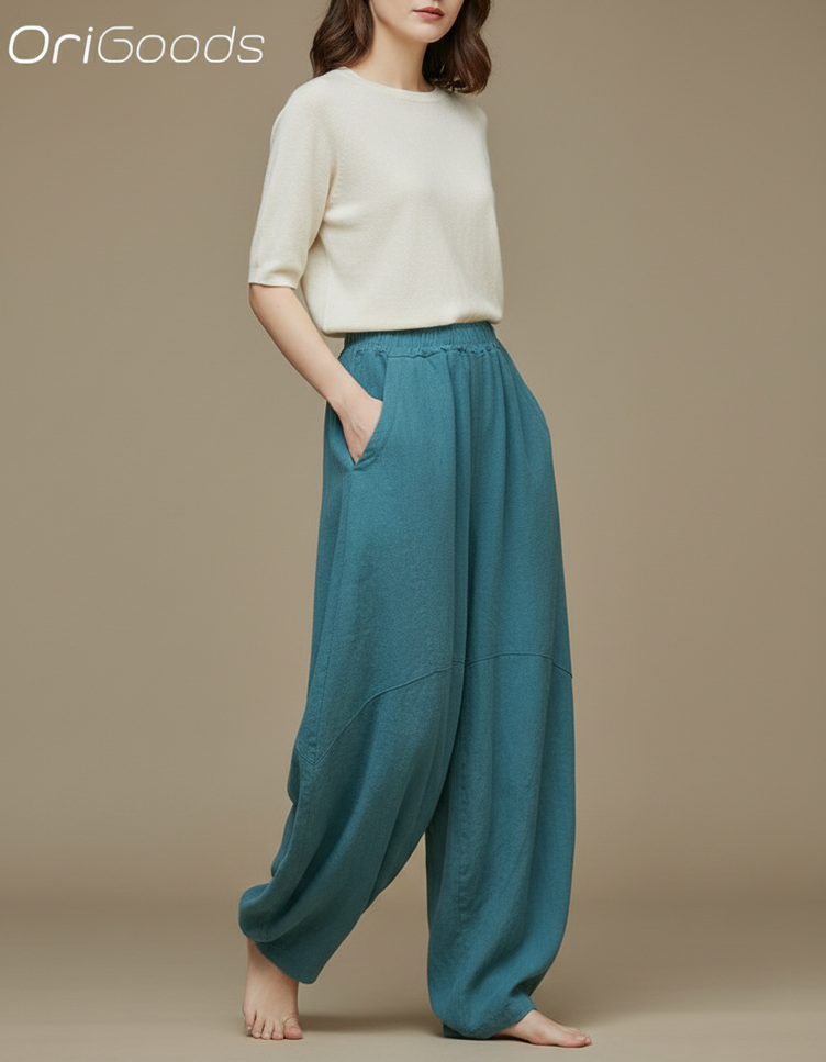 Pantalon Chinois Ample Coton Lin Bleu Canard Décontracté