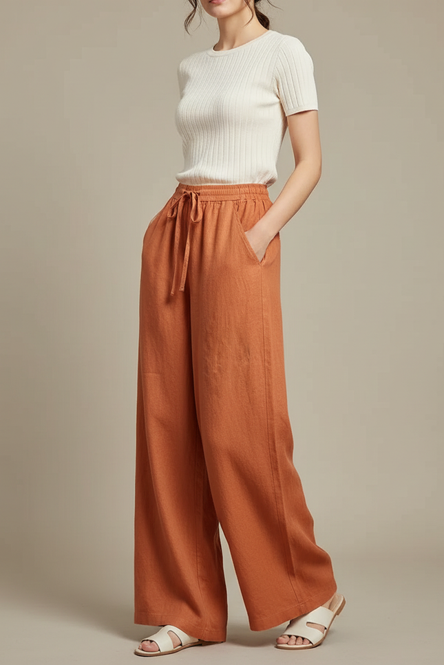 Pantalon Chinois Orange Lin Ample Fluide Décontracté