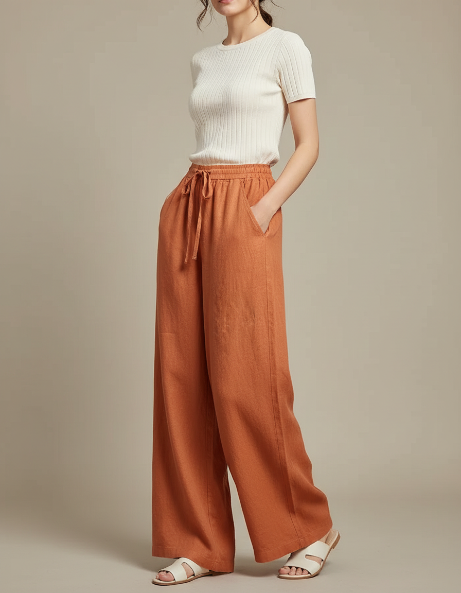 Pantalon Chinois Orange Lin Ample Fluide Décontracté