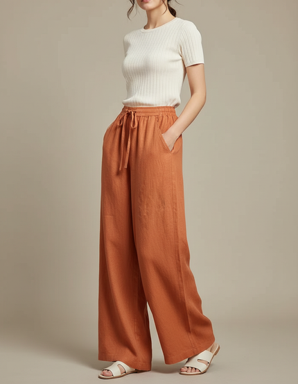 Pantalon Chinois Orange Lin Ample Fluide Décontracté
