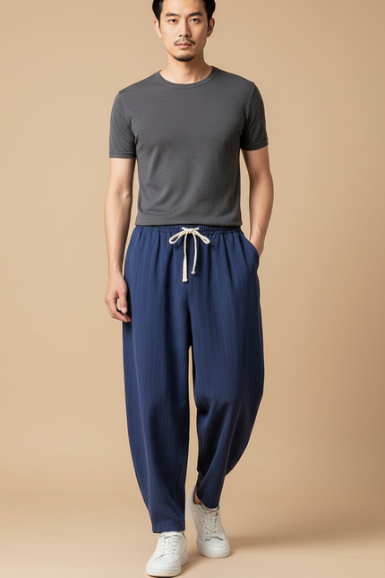 Pantalon Chinois Bleu Ample Lin Cordon Homme