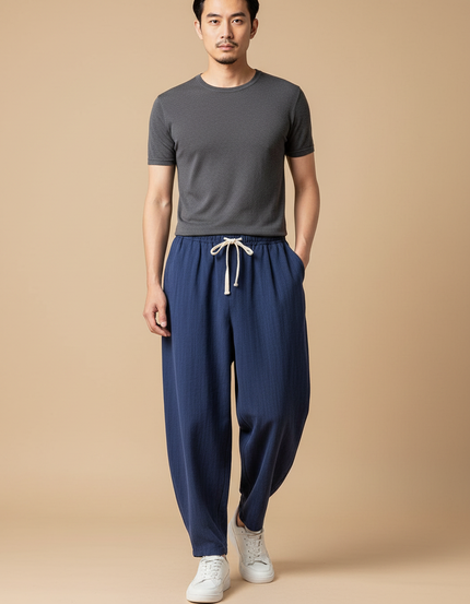 Pantalon Chinois Bleu Ample Lin Cordon Homme