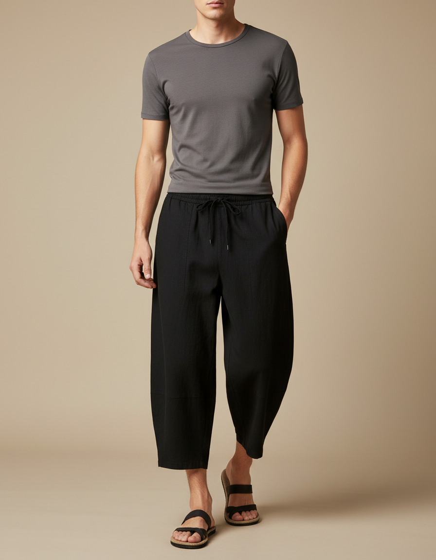 Pantalon Chinois Homme Noir Ample Lin