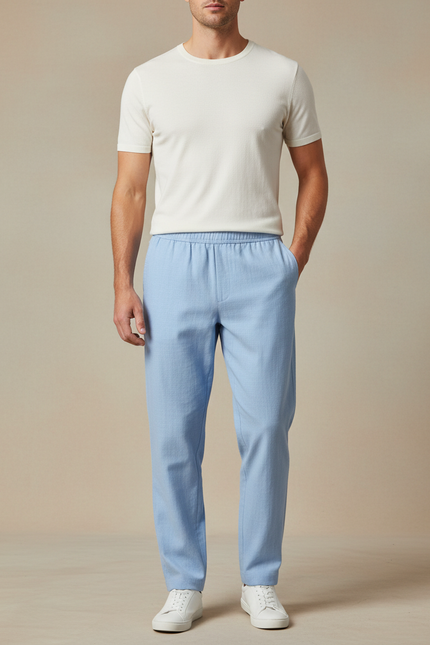 Pantalon Chinois Bleu Ciel Ample Lin Décontracté Homme