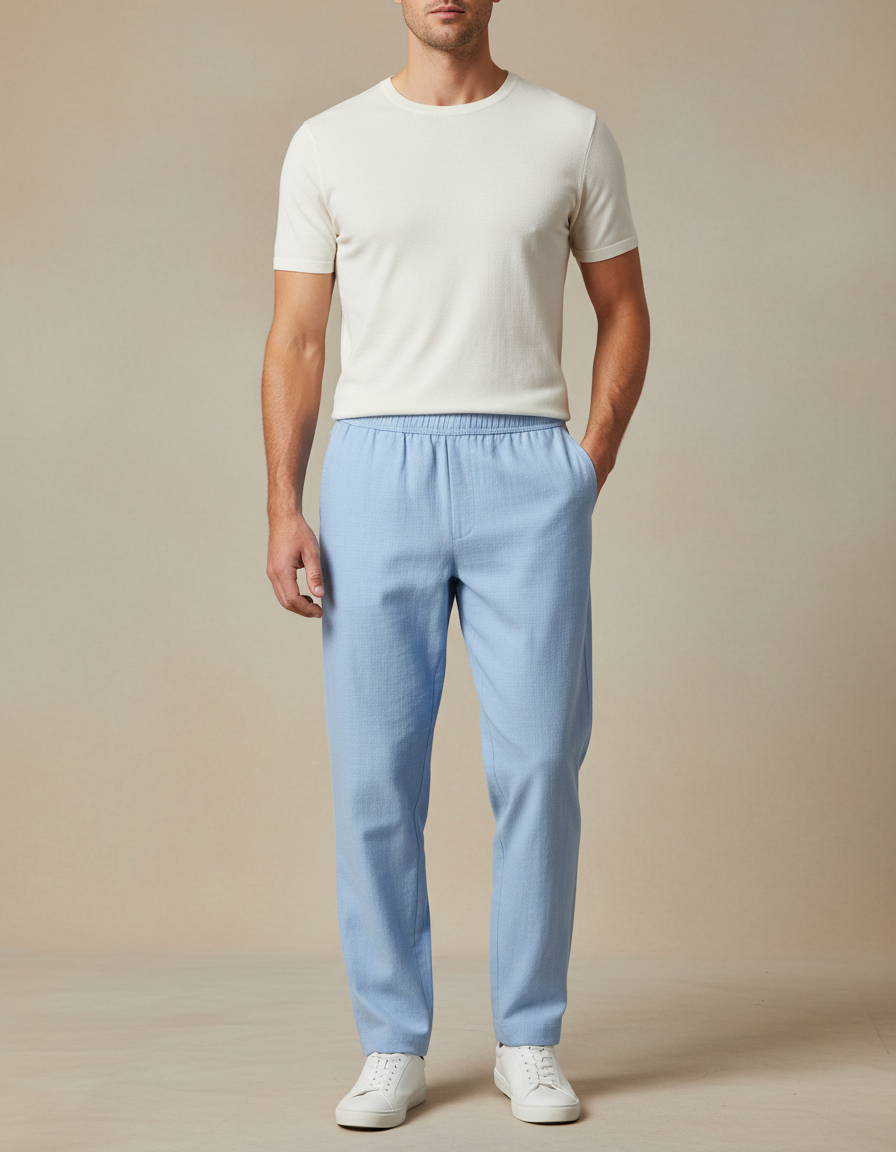 Pantalon Chinois Bleu Ciel Ample Lin Décontracté Homme