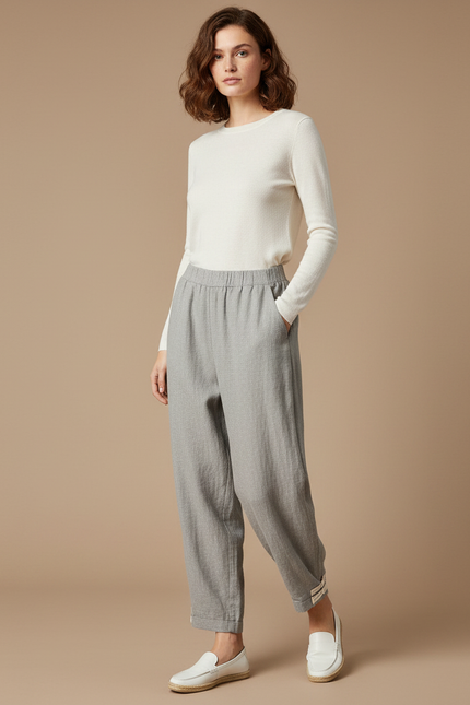 Pantalon Chinois Gris Décontracté Fluide Coton Femme