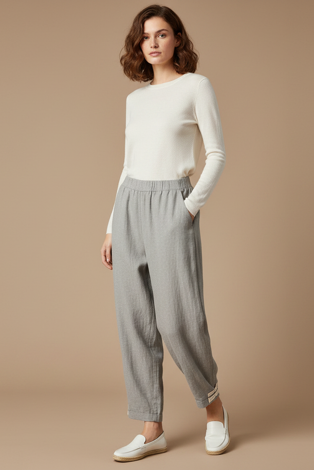 Pantalon Chinois Gris Décontracté Fluide Coton Femme