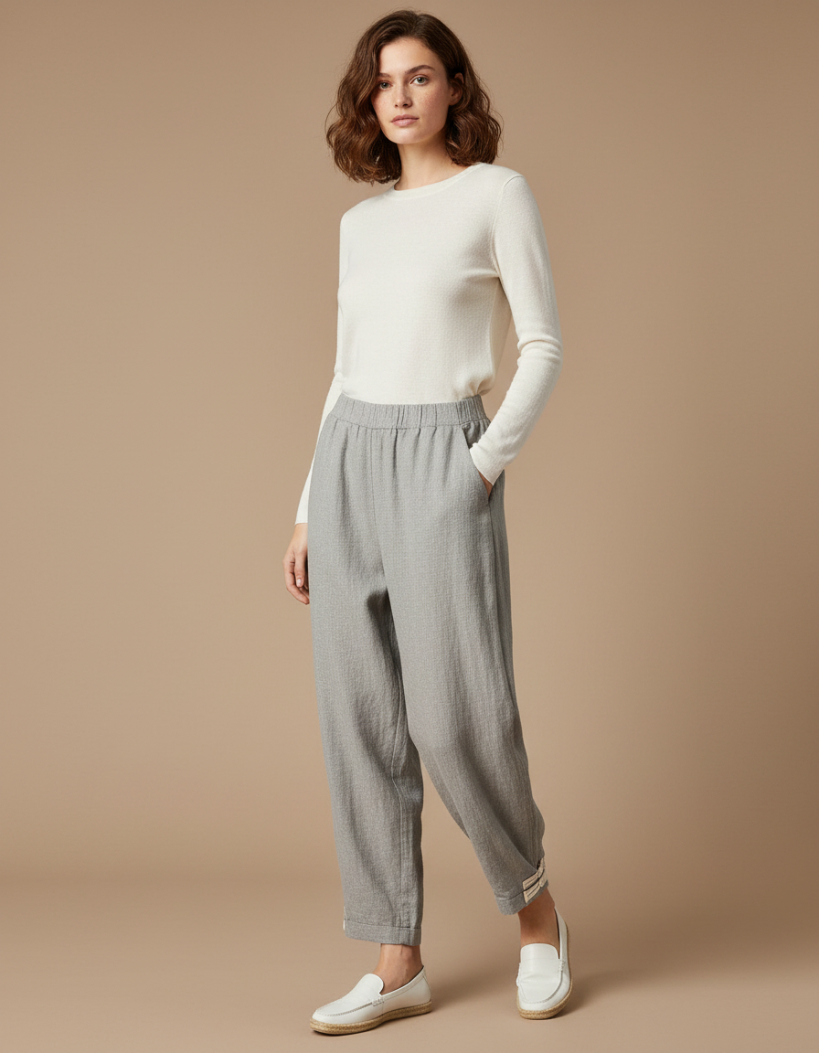 Pantalon Chinois Gris Décontracté Fluide Coton Femme