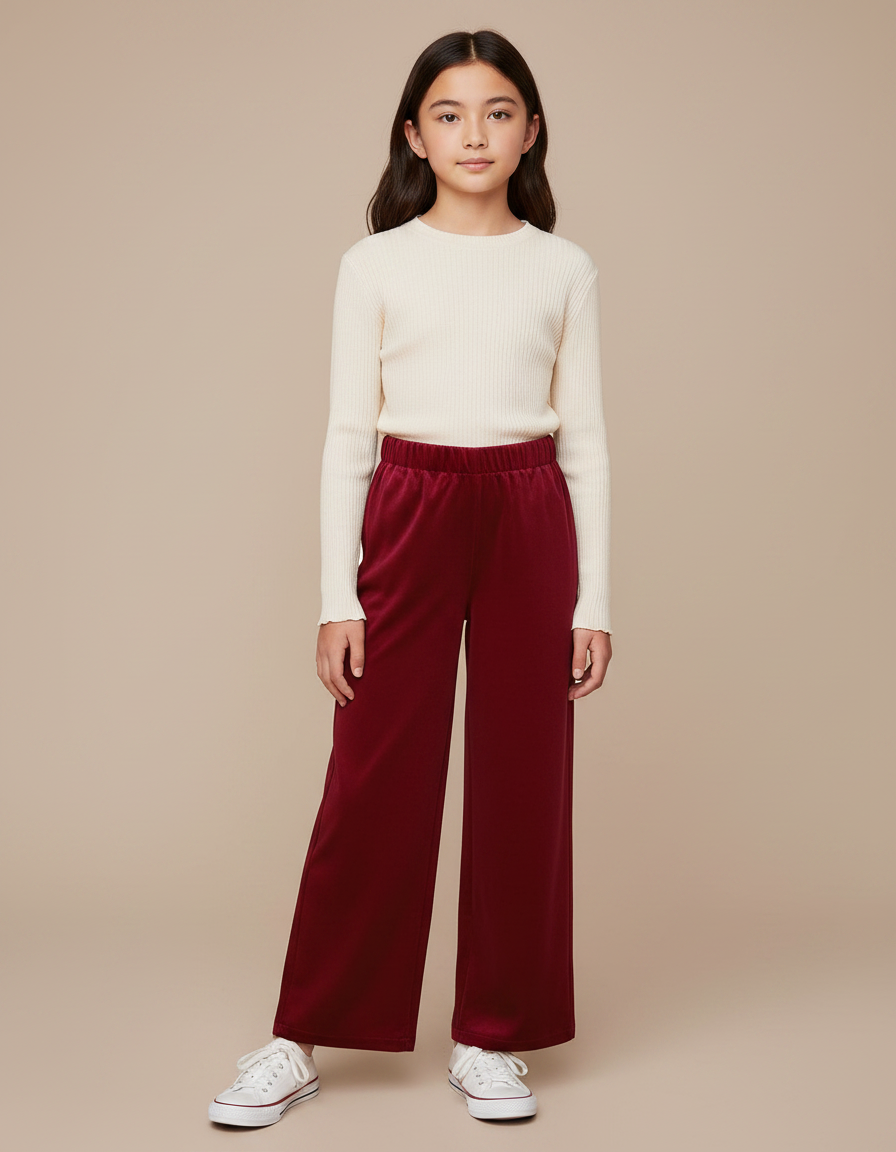 Pantalon Chinois Velours Rouge Ample Élastique Enfant - Bordeaux