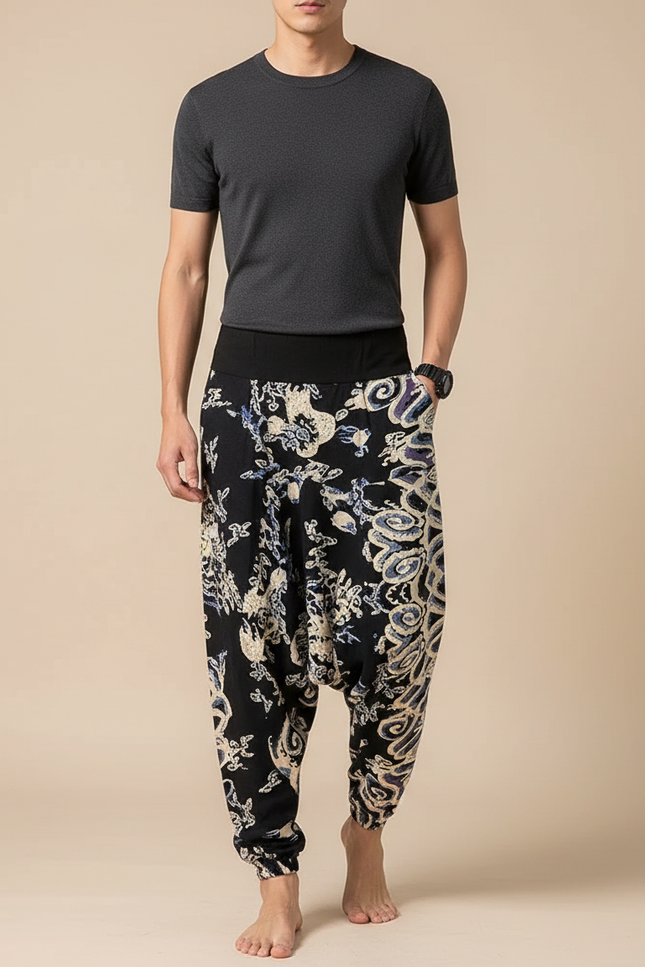 Pantalon Chinois Harem Imprimé Ethnique Fluide Noir Homme - Viscose