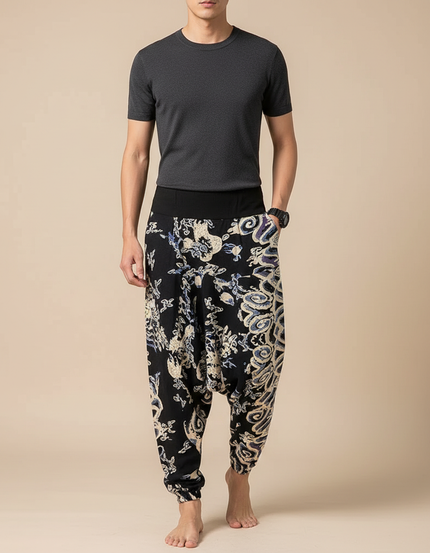 Pantalon Chinois Harem Imprimé Ethnique Fluide Noir Homme - Viscose