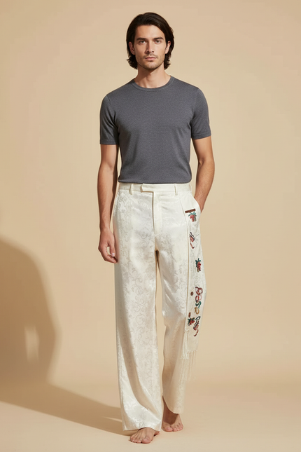 Pantalon Chinois Blanc Jacquard Brodé Ample Ethnique - Soie