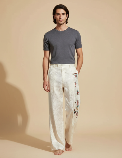 Pantalon Chinois Blanc Jacquard Brodé Ample Ethnique - Soie