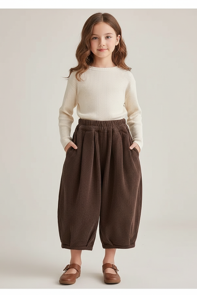 Pantalon Chinois Marron Côtelé Ample Enfant Hiver - Cordé