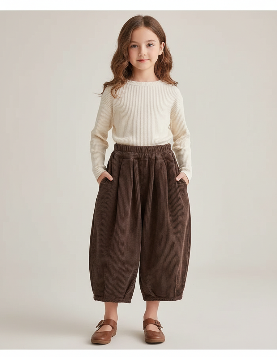 Pantalon Chinois Marron Côtelé Ample Enfant Hiver - Cordé
