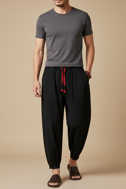 Pantalon Chinois Homme Noir Sarouel - Lin